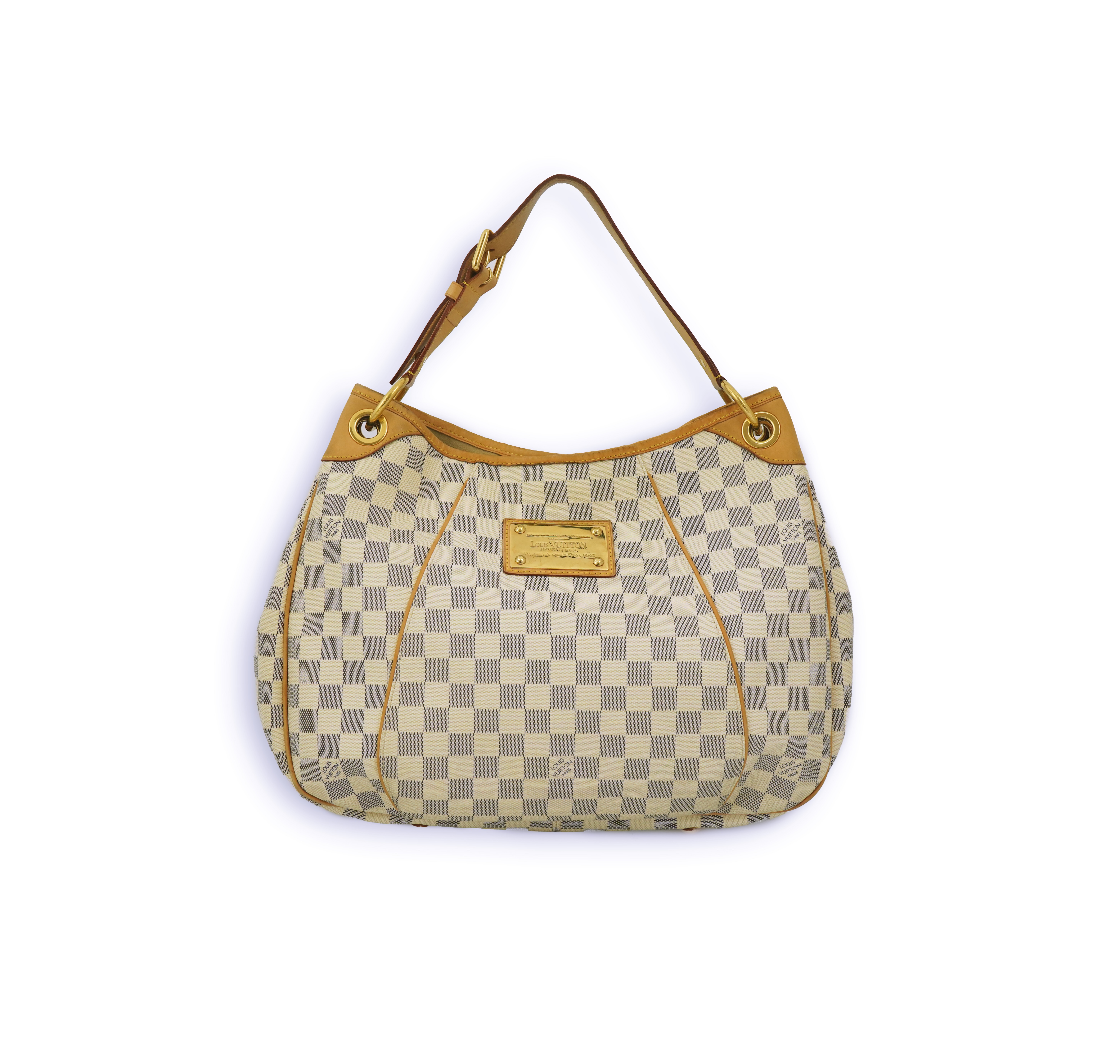 A Louis Vuitton handbag made from Damier Azur canvas with natural cowhide trim